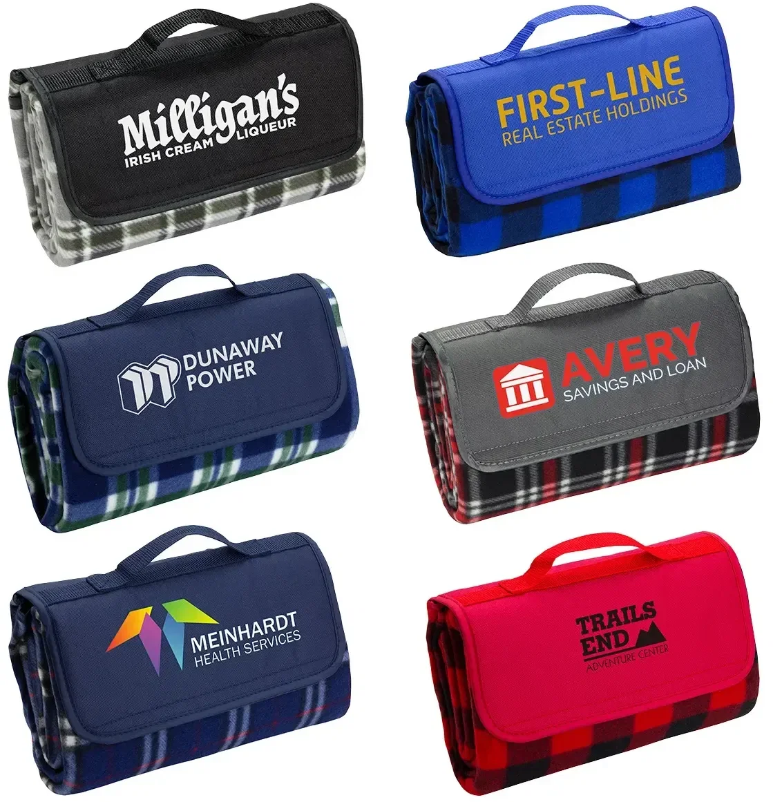 Plaid custom branded roll-up fleece picnic blanket front view with logo area