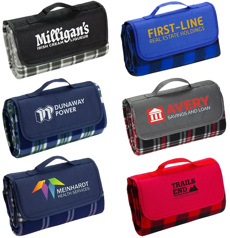 Plaid custom branded roll-up fleece picnic blanket front view with logo area