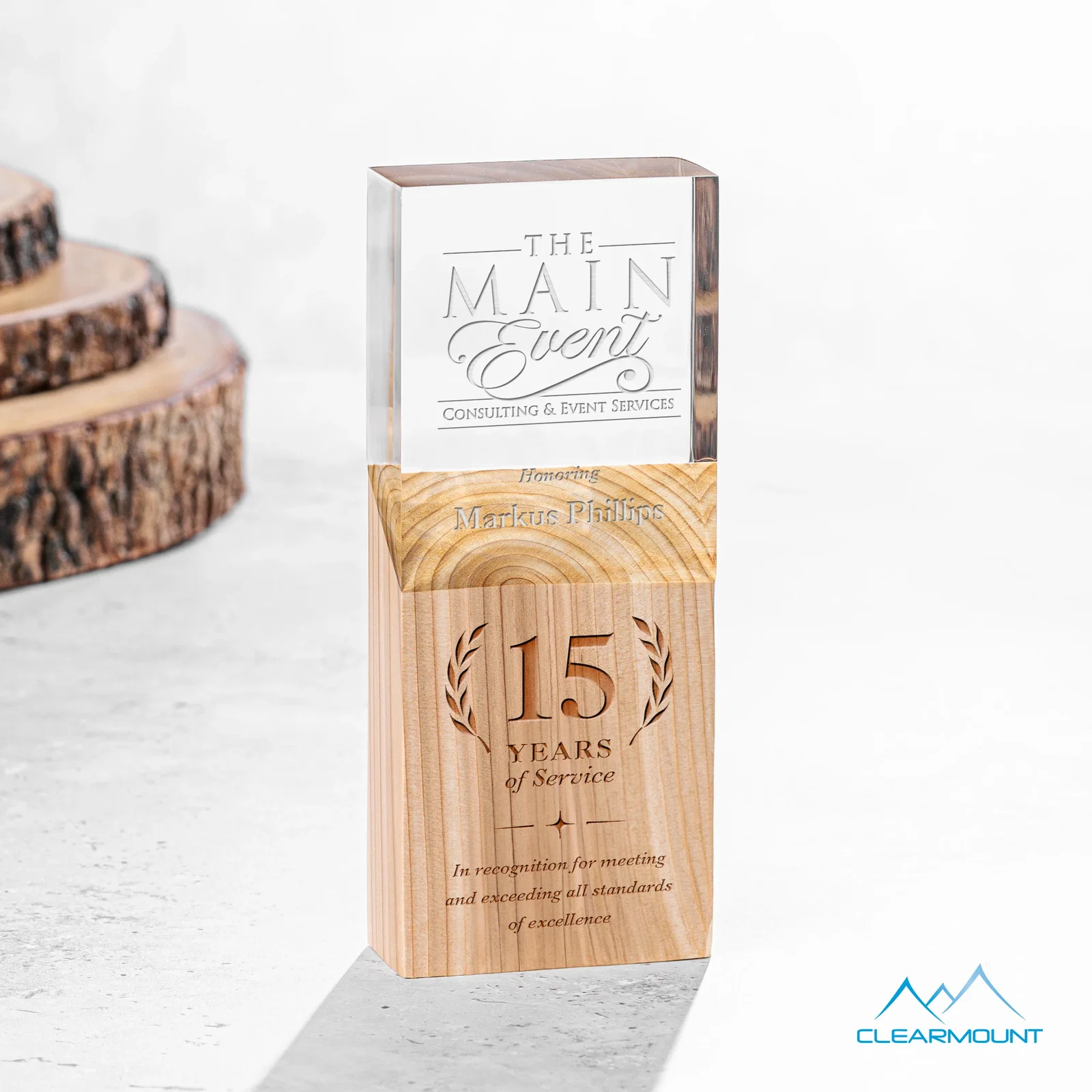 Custom Wood Column Award With Slanted Acrylic Top for service anniversary gifts