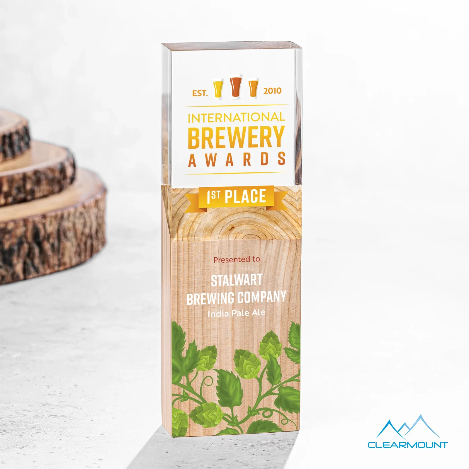 Custom Wood Column Award With Slanted Acrylic Top for graduation ceremonies