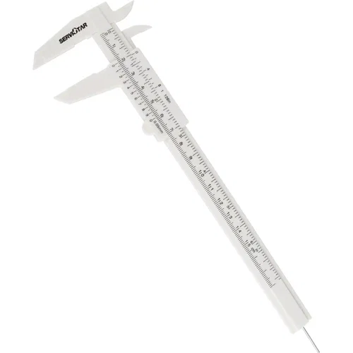 Plastic caliper measuring tool with inch and centimeter scales and metal depth rod, hero view