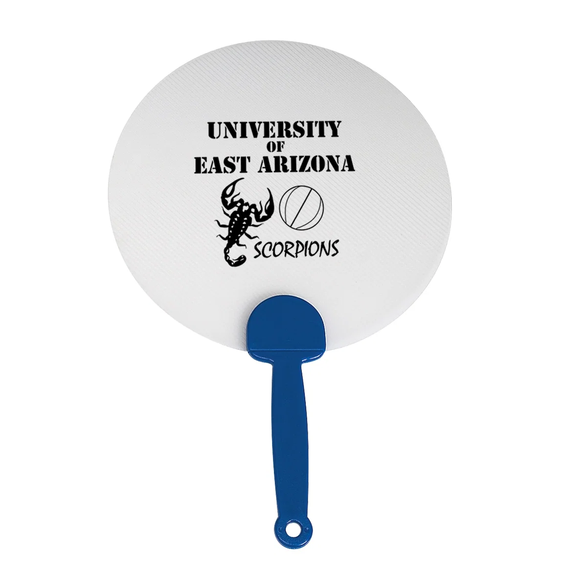 Round plastic hand fan with a clear blade and colored handle