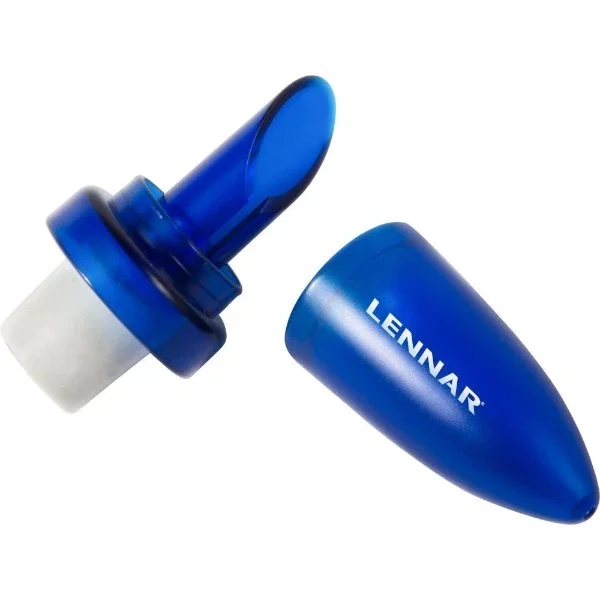 Plastic wine bottle pour spout inserted into bottle neck, spill-reducing angle view