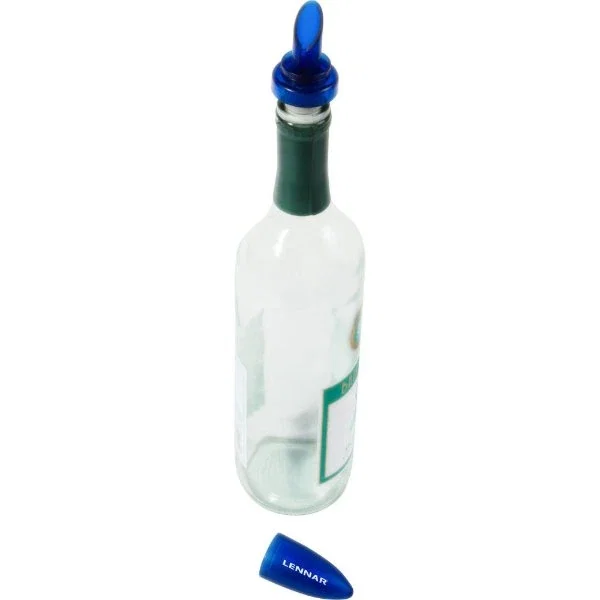 Plastic wine bottle pour spout shown in use pouring wine, drip-free demonstration
