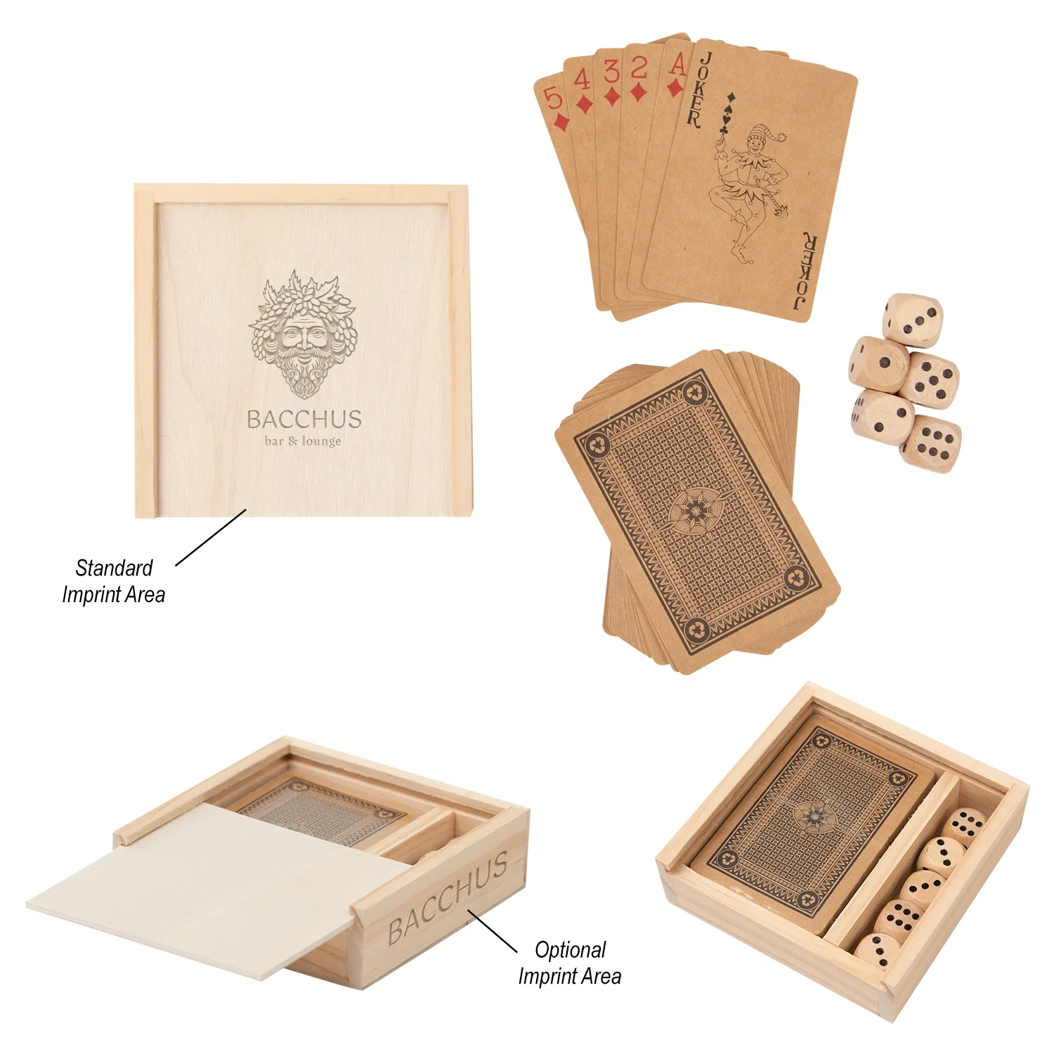 Playing card and dice set in a natural wood case shown closed