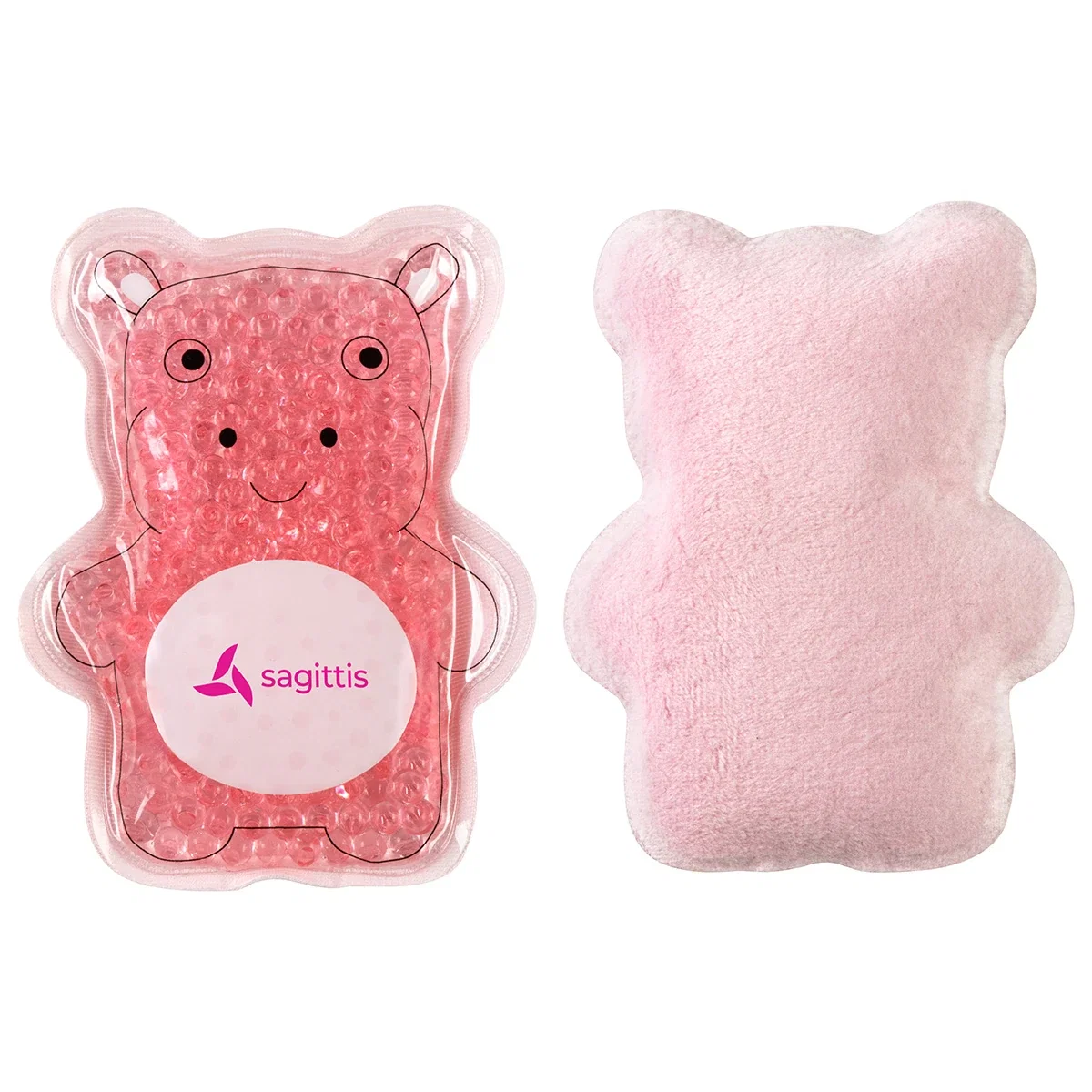 Plush hippo Aqua Pearls hot/cold pack with pink gel beads and soft plush back