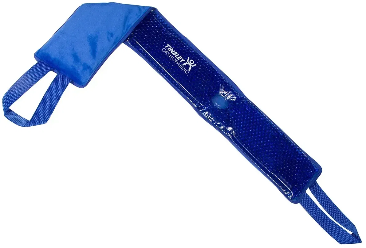 Branded plush loop-strap hot and cold wrap detail of strap closure