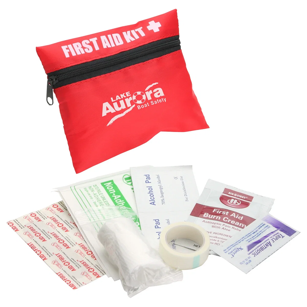 Pocket First Aid Kit in red nylon bag with bandages, alcohol pads, and antibiotic ointment