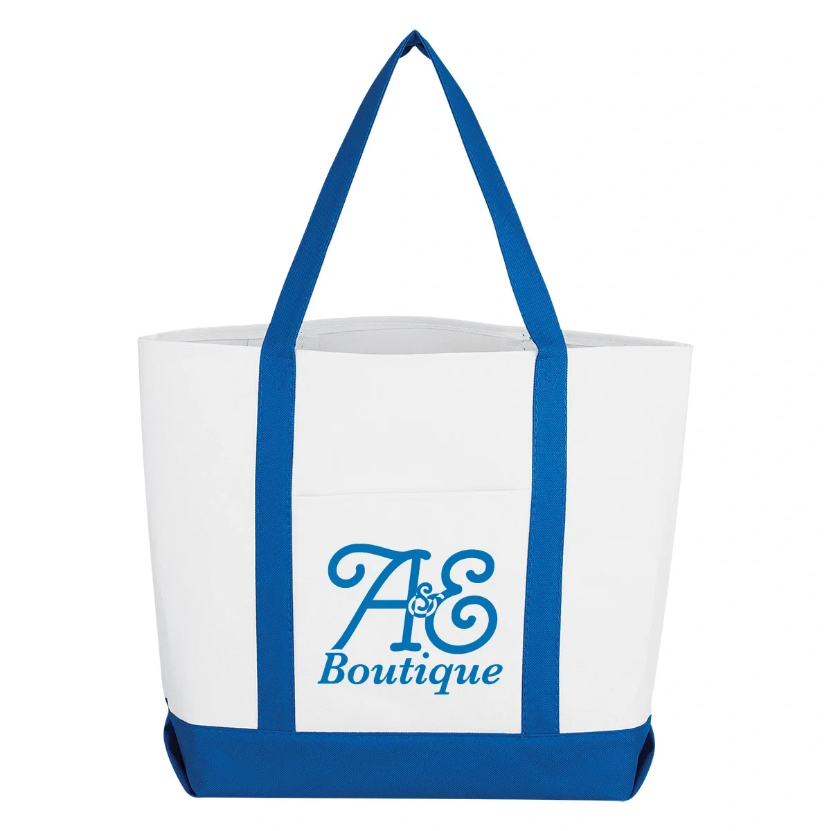 Royal blue trim framing the white carry bag