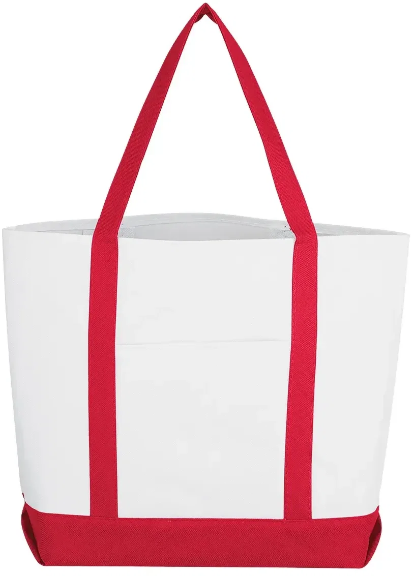 White pocket shopper tote with colored trim and twin handles
