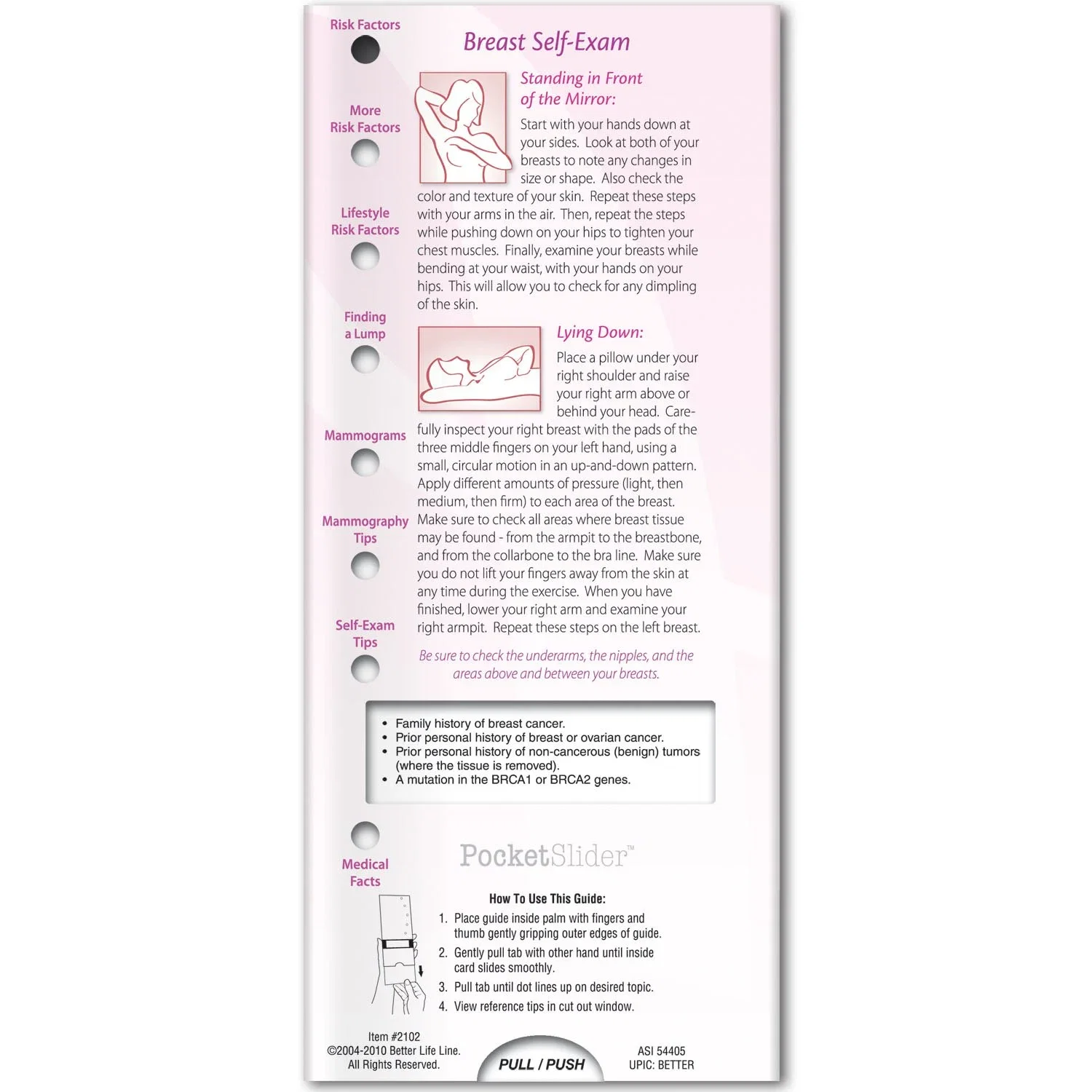 Breast Cancer Awareness Pocket Slider window showing mammogram and risk-factor info