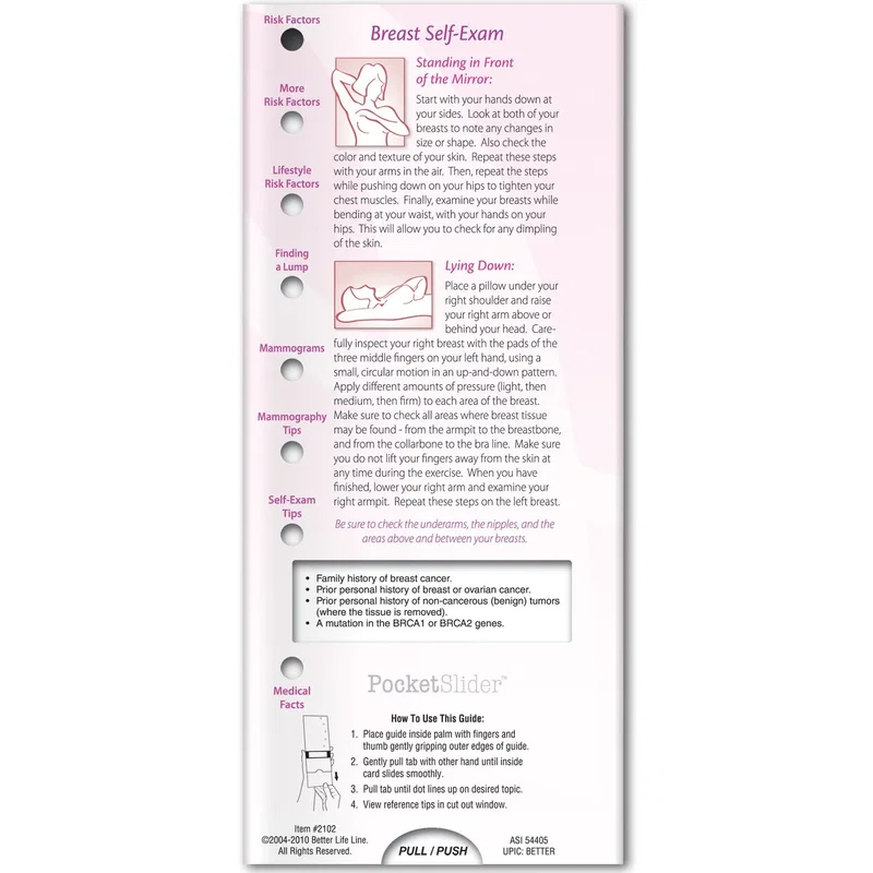 Breast Cancer Awareness Pocket Slider window showing mammogram and risk-factor info