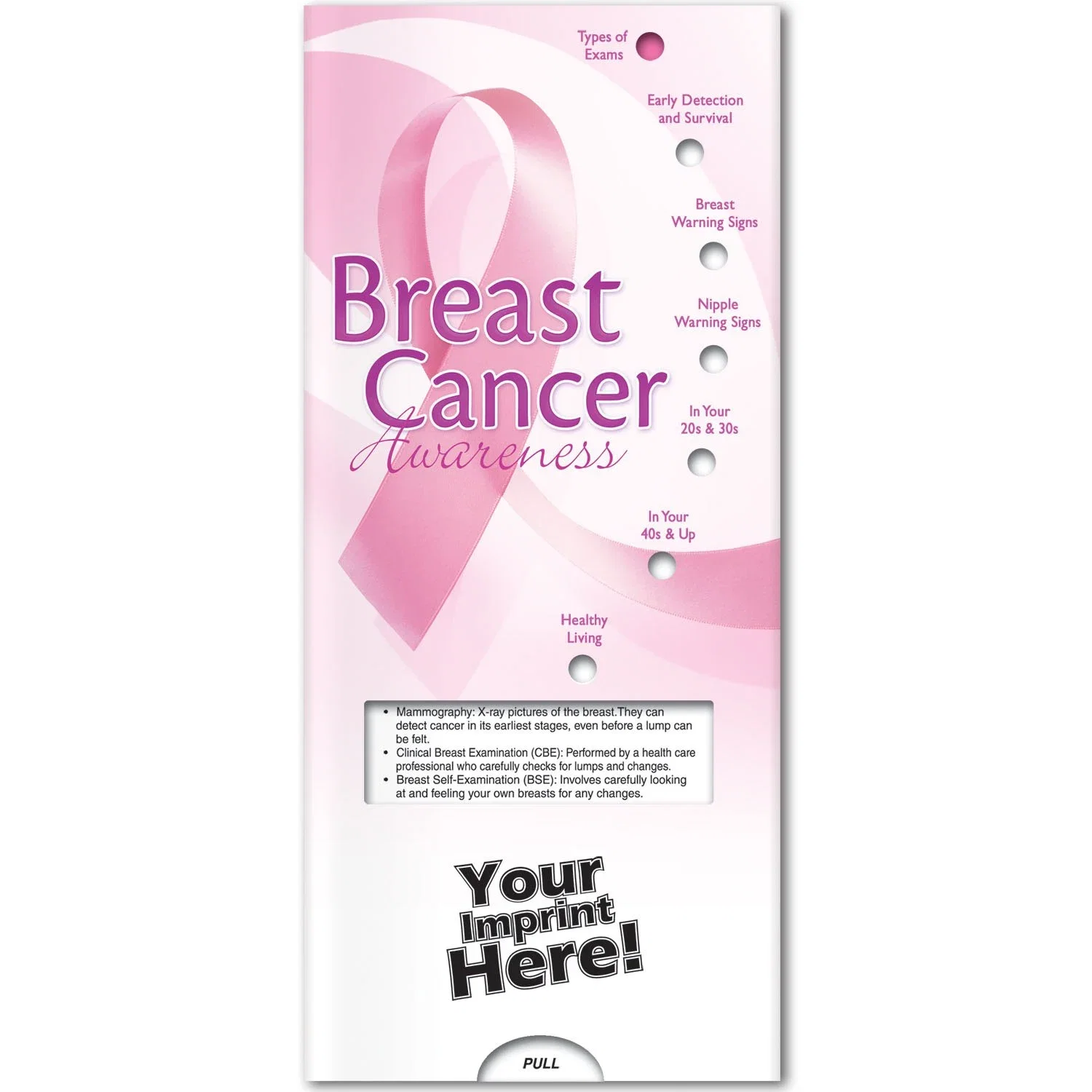 Back of Breast Cancer Awareness Pocket Slider with self-exam steps and warning signs