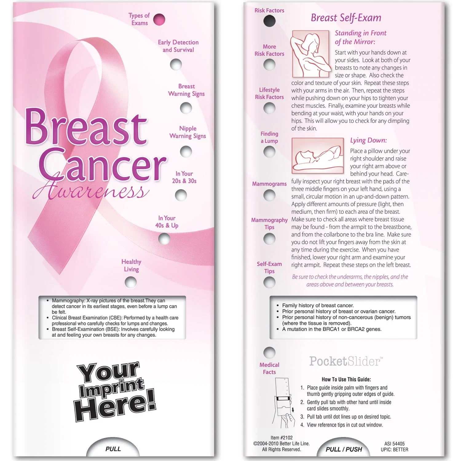 Breast Cancer Awareness Pocket Slider, hero front view of interactive self-exam guide card