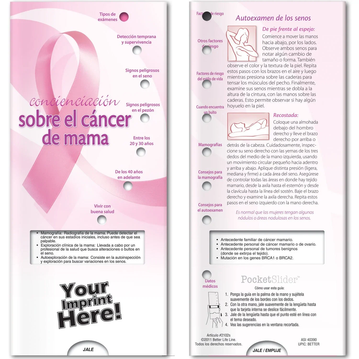 Close-up of Breast Cancer Awareness Pocket Slider exam-types panel through window