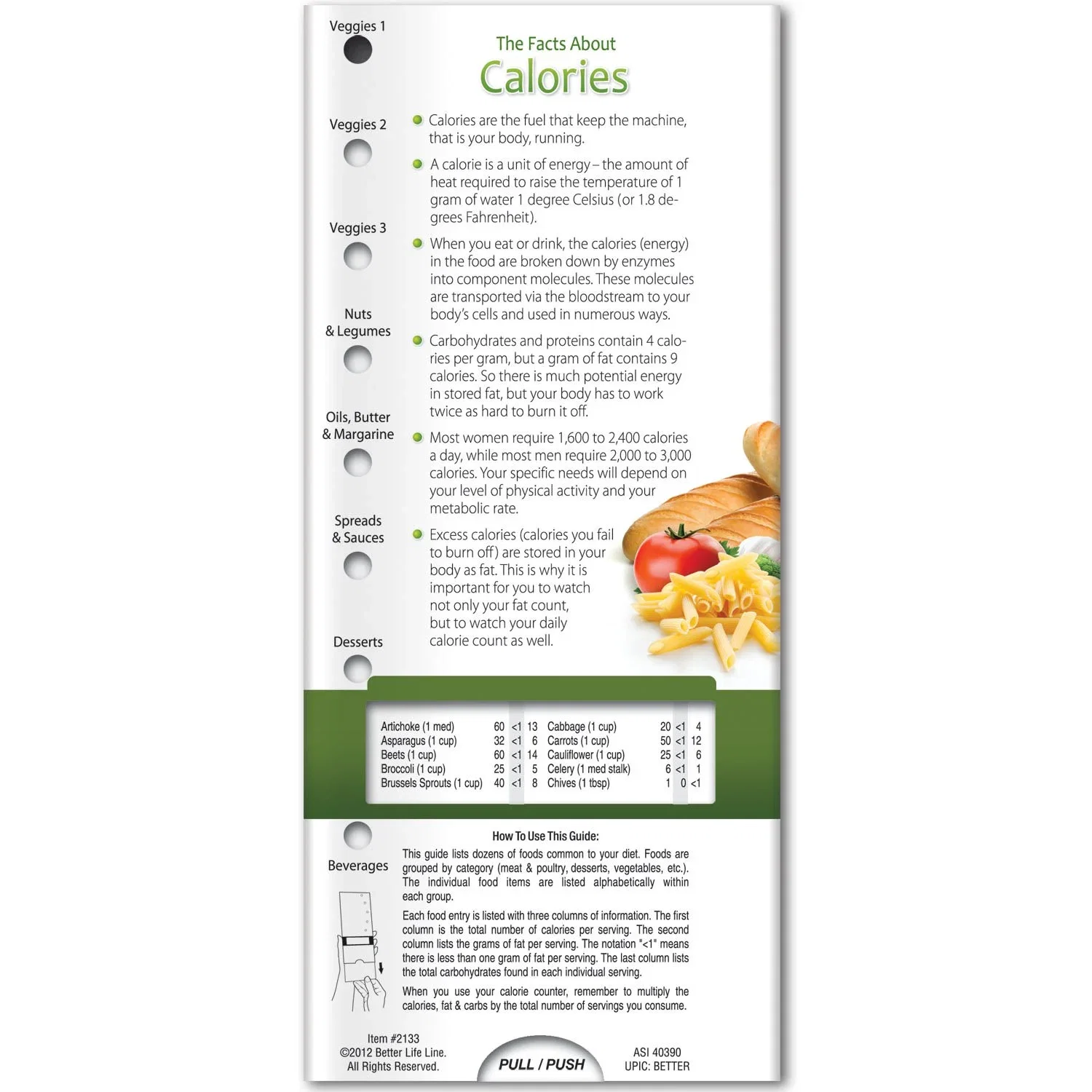 Carbs and Calories Pocket Slider sliding window revealing nutrition values for foods