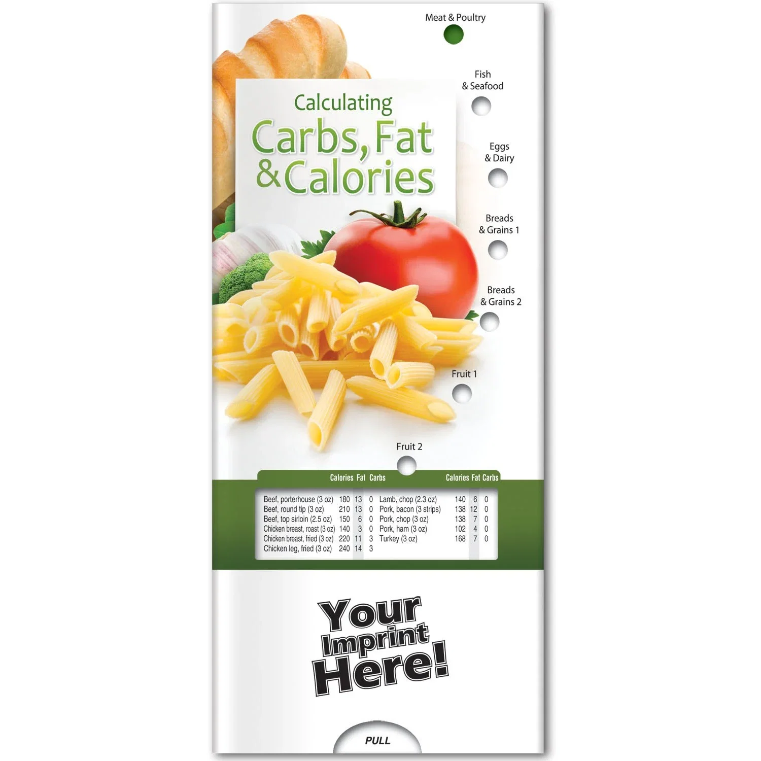 Back of Calculating Carbs Pocket Slider listing vegetables, fruit, meats and dairy categories