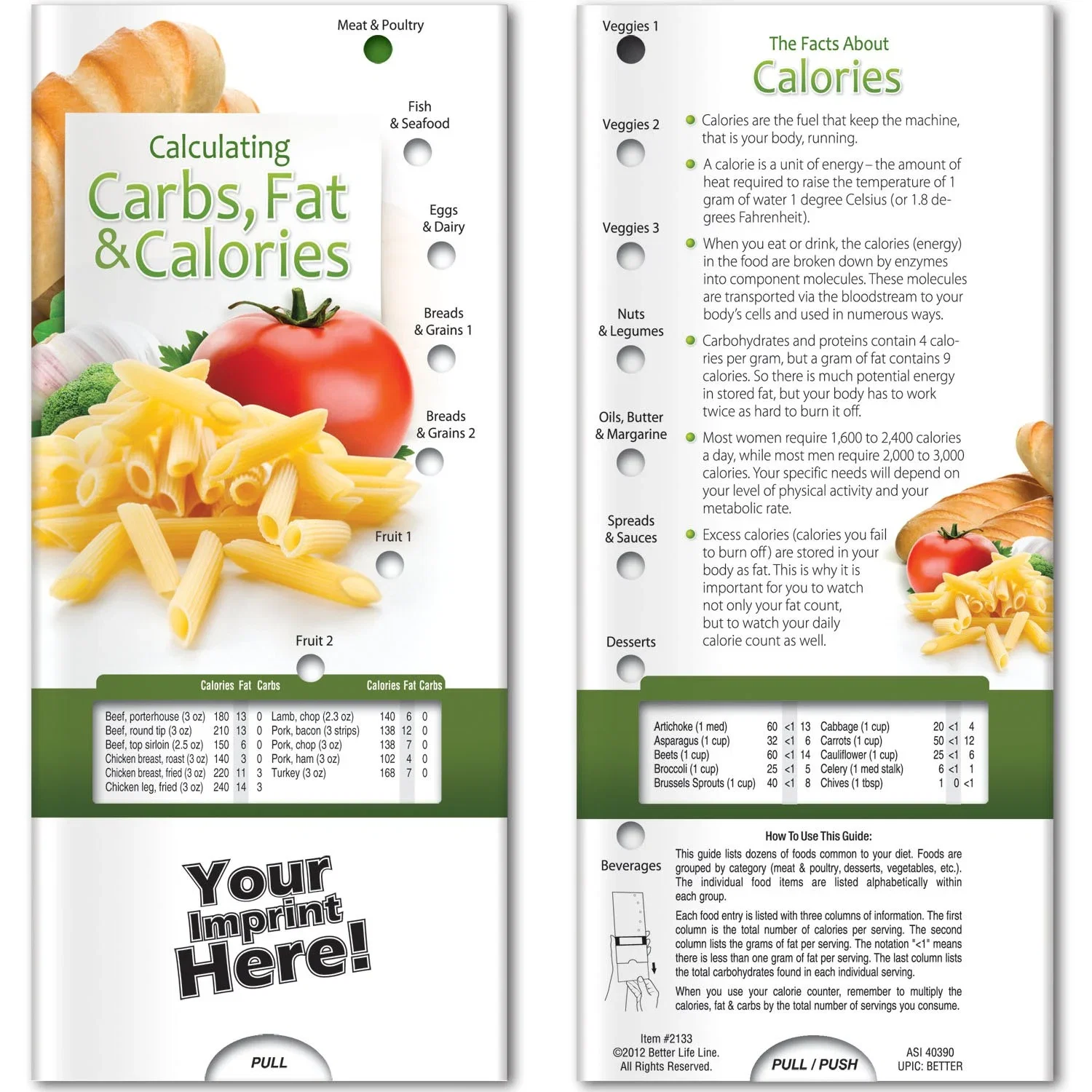 Calculating Carbs, Fat and Calories Pocket Slider, hero front view of interactive diet guide card