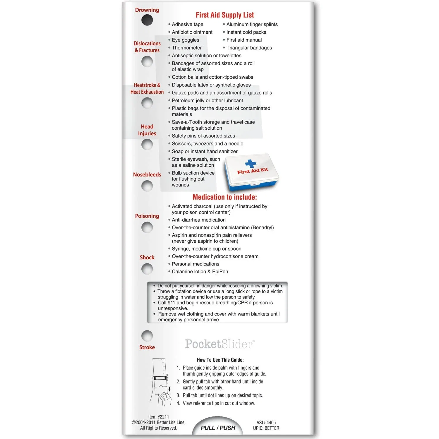 First Aid Pocket Slider sliding window showing choking, bleeding and burn care tips