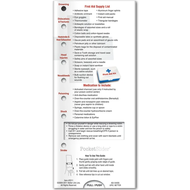First Aid Pocket Slider sliding window showing choking, bleeding and burn care tips