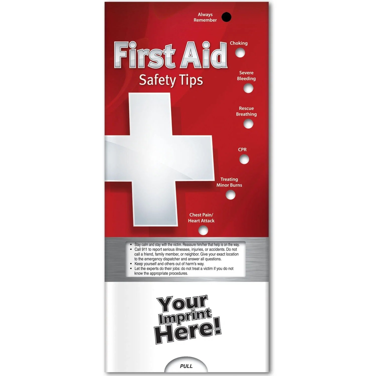 Back of First Aid Pocket Slider with CPR steps and First Aid Kit supply list