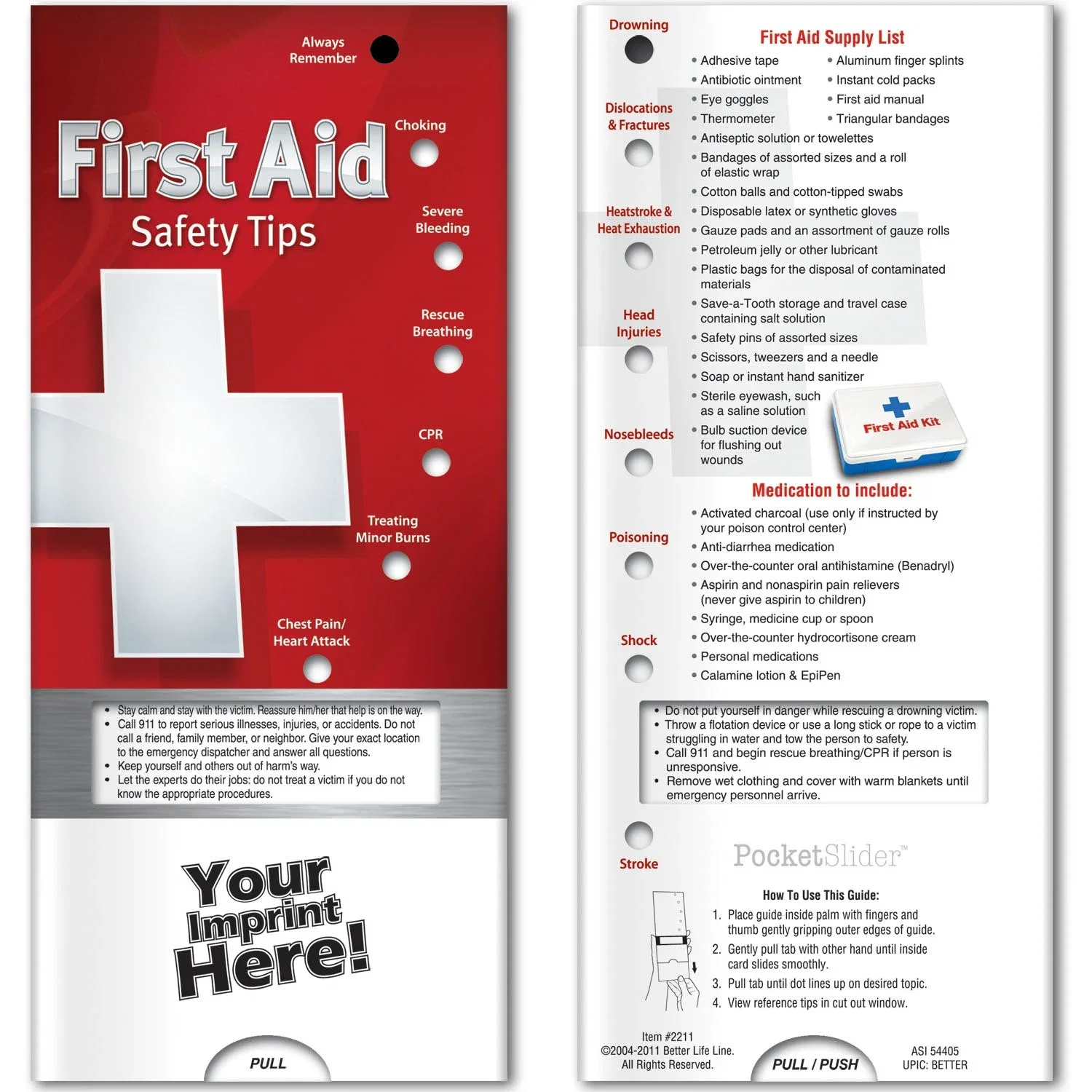 First Aid Safety Tips Pocket Slider, hero front view of interactive emergency guide card