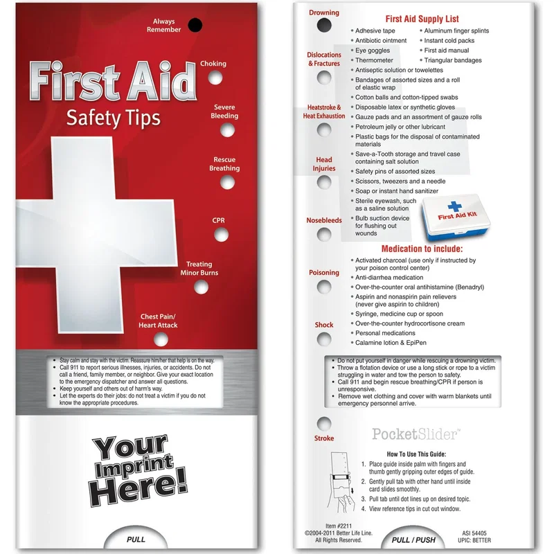 First Aid Safety Tips Pocket Slider, hero front view of interactive emergency guide card