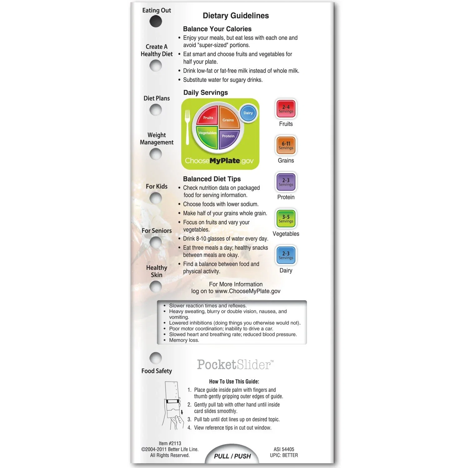 Good Nutrition Pocket Slider sliding window showing fruits, vegetables and fat tips