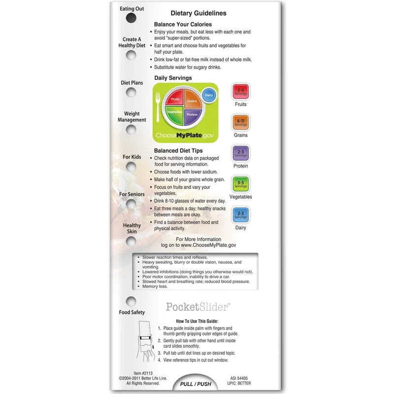 Good Nutrition Pocket Slider sliding window showing fruits, vegetables and fat tips