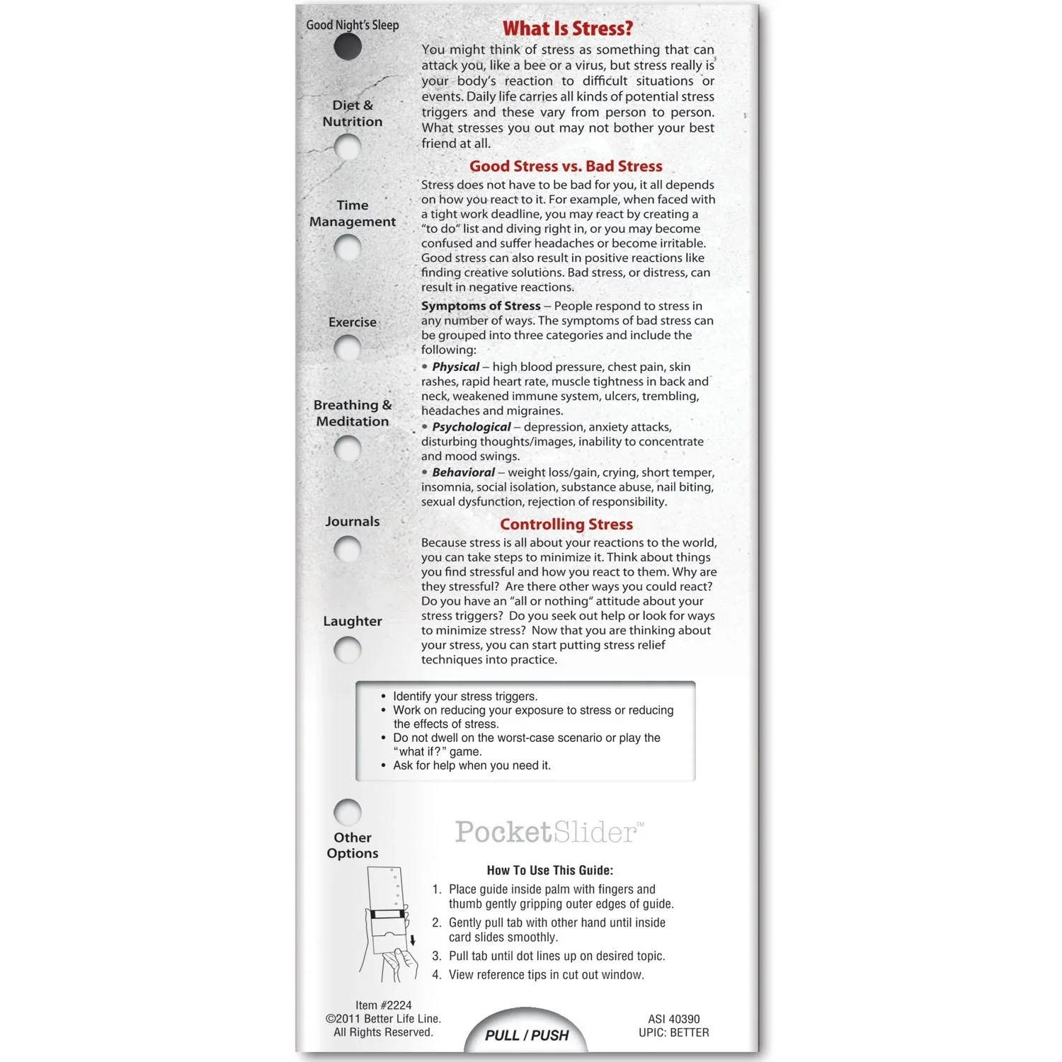 Pocket Slider Stress Management card slid open showing coping mechanisms, sleep and diet tips