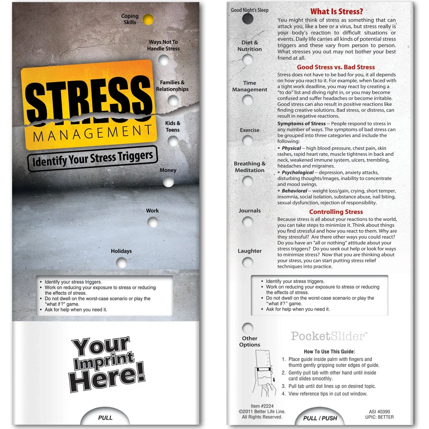 Pocket Slider Stress Management card front cover for identifying stress triggers, interactive guide