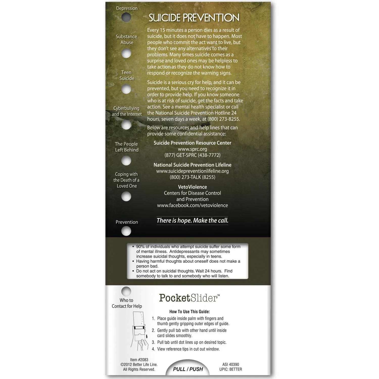 Suicide Prevention Pocket Slider sliding window with warning signs and helpline resources