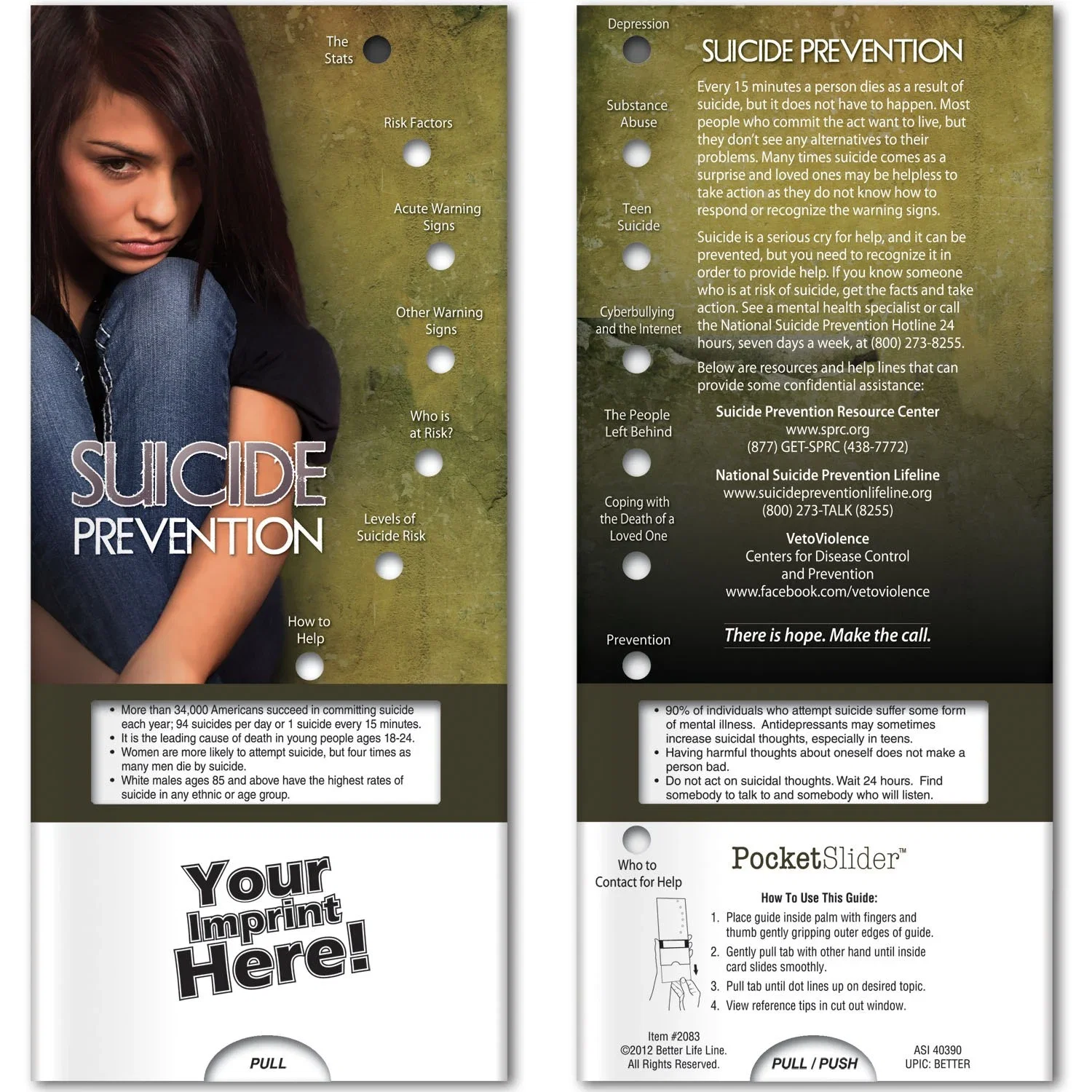 Suicide Prevention Pocket Slider, hero front view of interactive risk-factor awareness card
