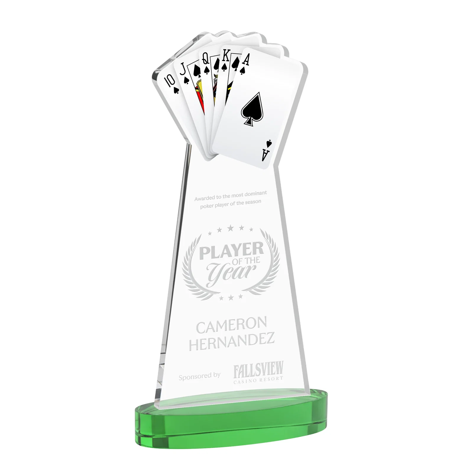 Personalized Starfire Crystal Poker Award With Card Cutout, Oval Base for retirement presentations