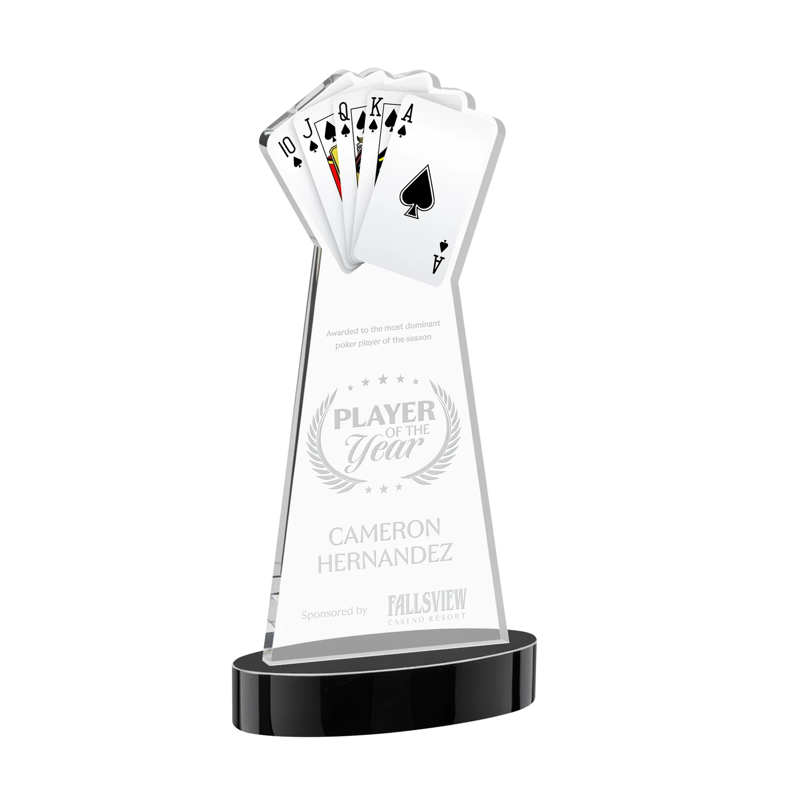 Personalized Starfire Crystal Poker Award With Card Cutout, Oval Base for graduation ceremonies
