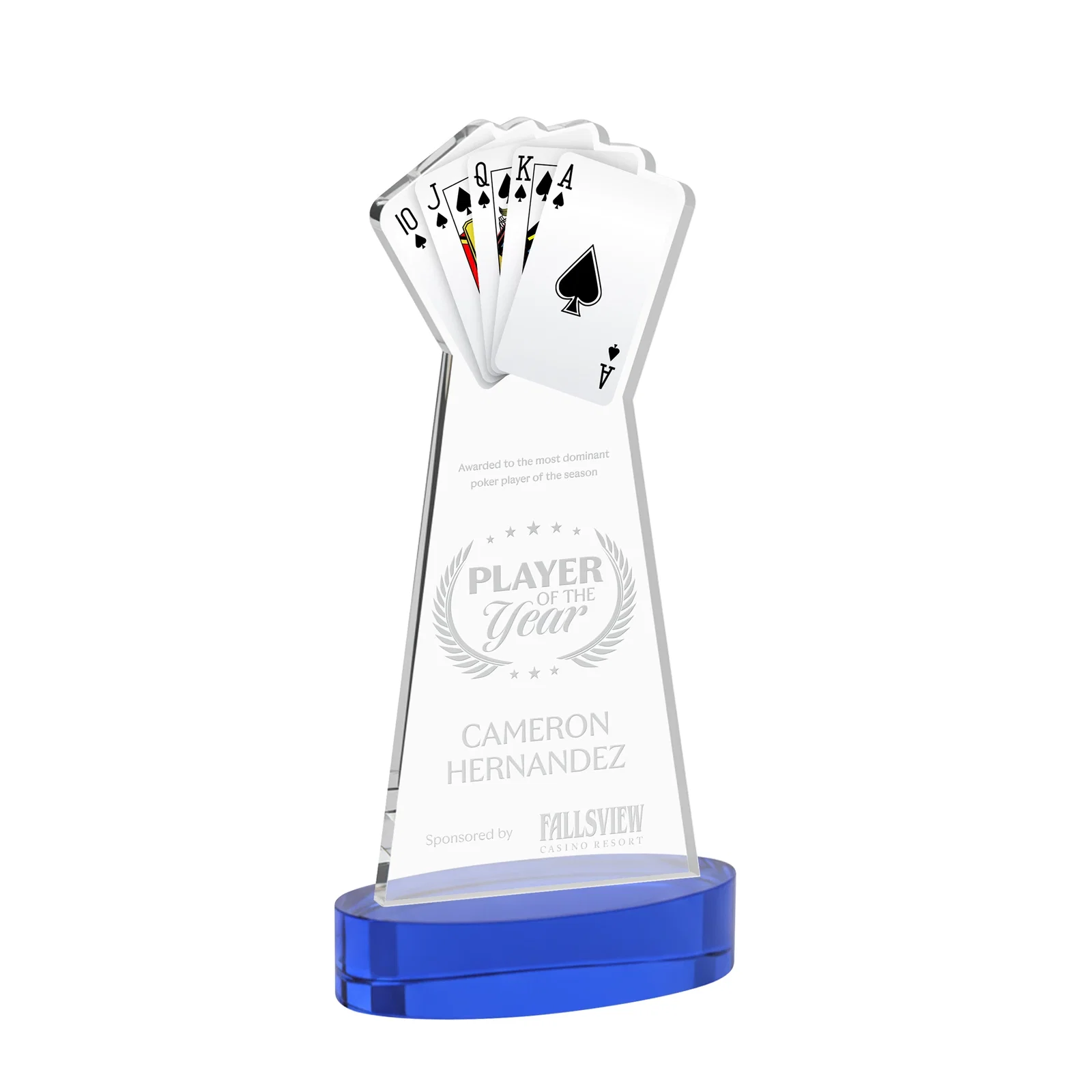 Personalized Starfire Crystal Poker Award With Card Cutout, Oval Base for dealer and partner awards