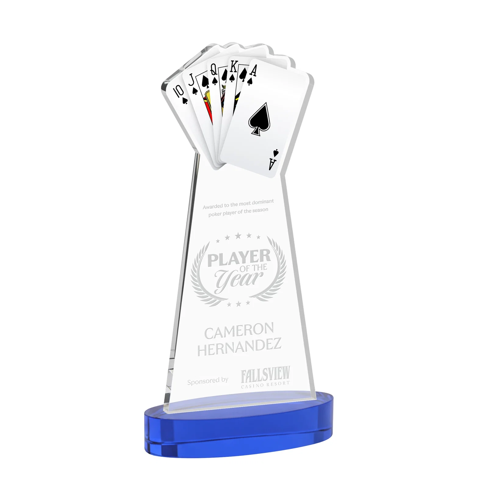 Personalized Starfire Crystal Poker Award With Card Cutout, Oval Base for company anniversary events