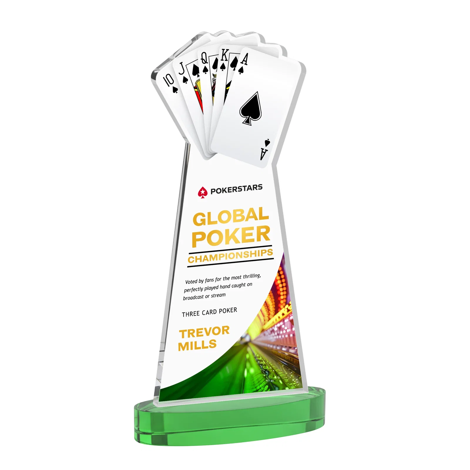 Custom printed Starfire Crystal Poker Award With Card Cutout, Oval Base for retirement presentations