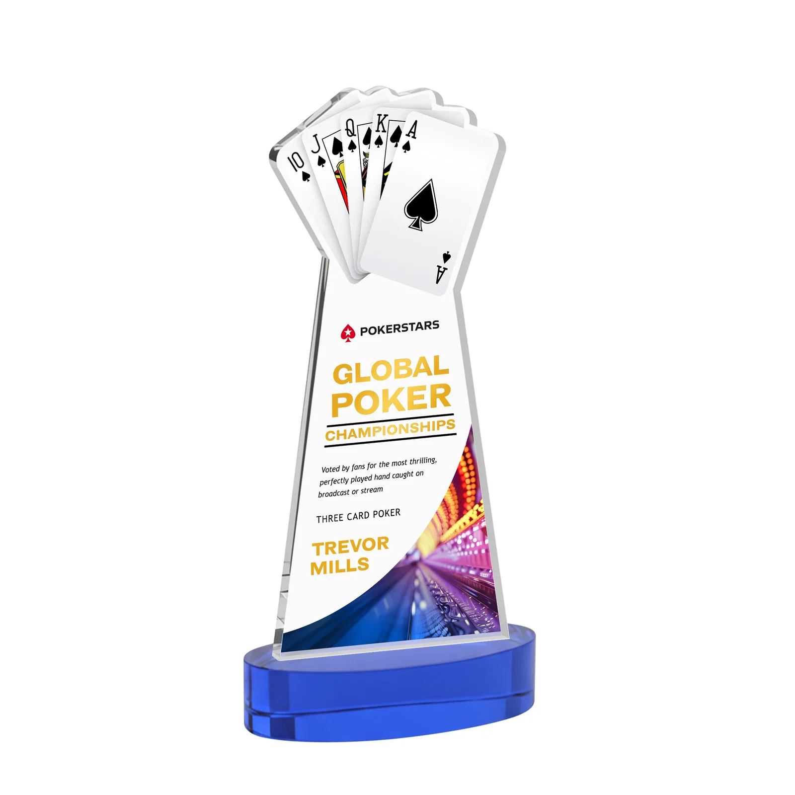 Custom printed Starfire Crystal Poker Award With Card Cutout, Oval Base for dealer and partner awards