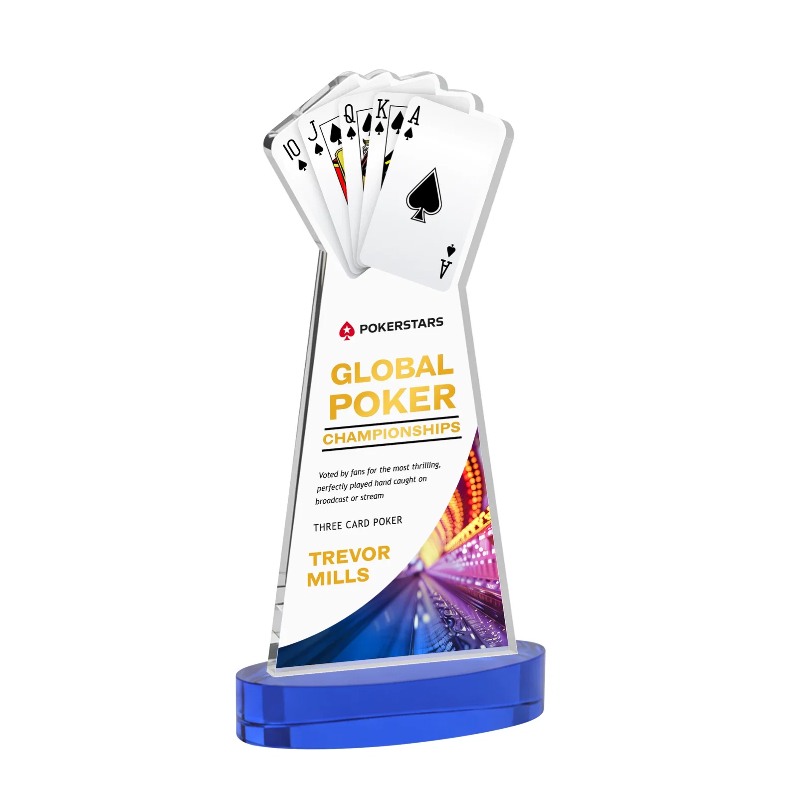 Custom printed Starfire Crystal Poker Award With Card Cutout, Oval Base for company anniversary events
