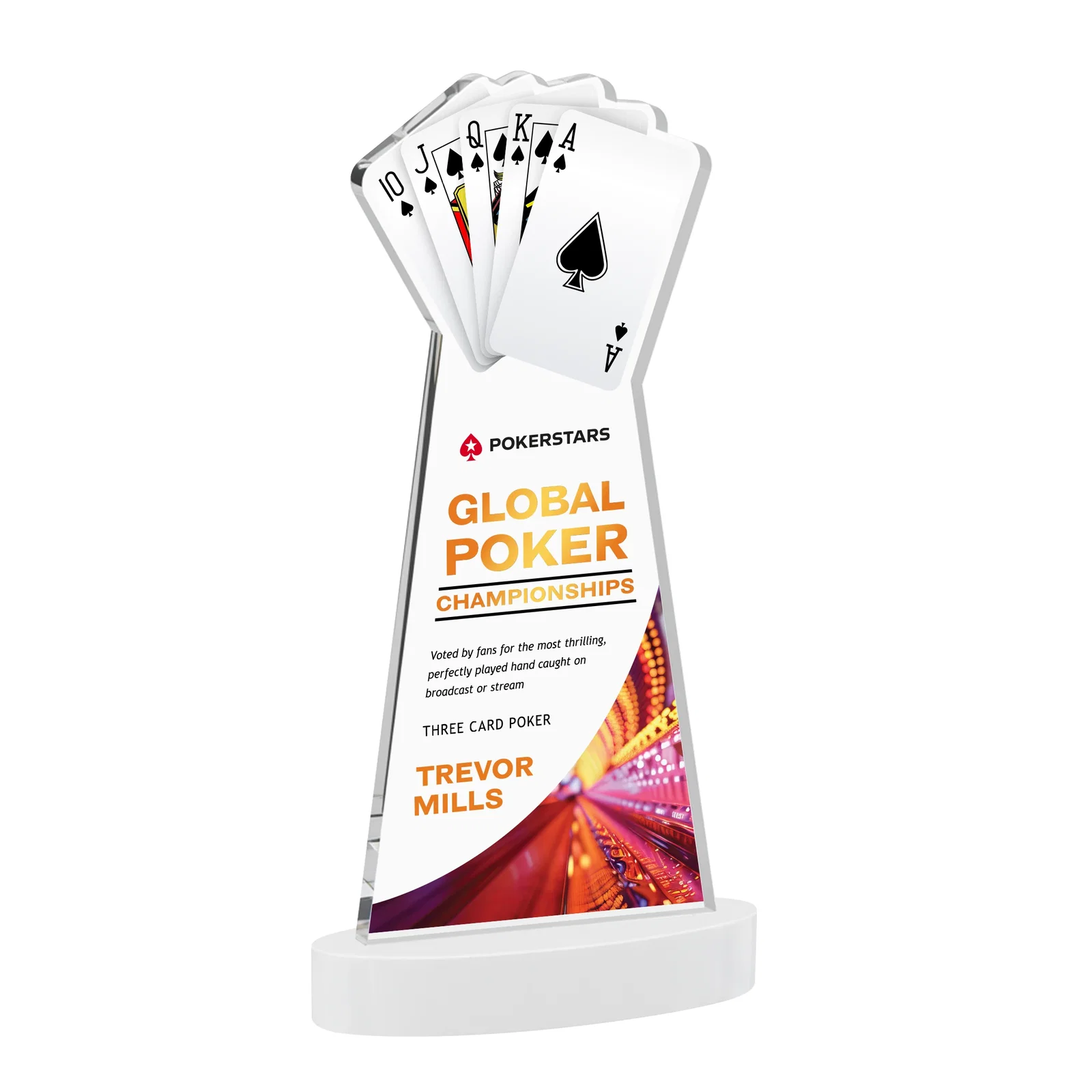 Custom engraved Starfire Crystal Poker Award With Card Cutout, Oval Base for employee recognition