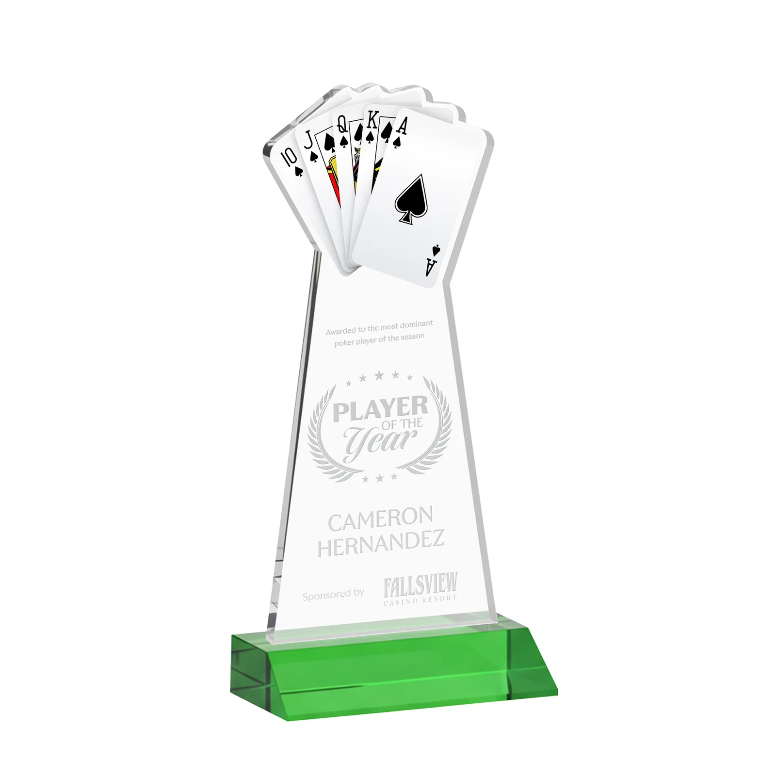 Custom Starfire Crystal Poker Award With Card Cutout, Mitered Base for dealer and partner awards
