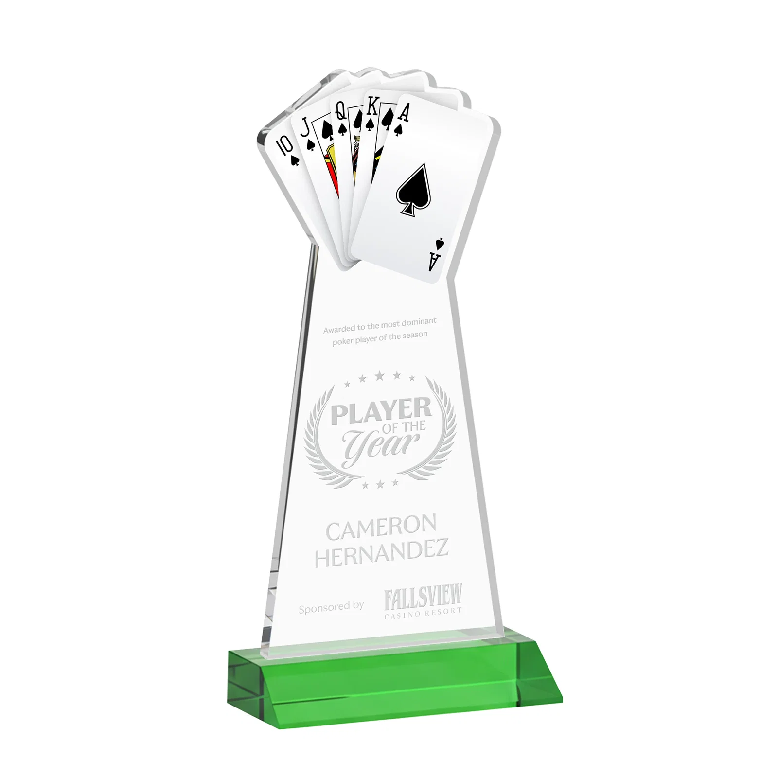 Custom Starfire Crystal Poker Award With Card Cutout, Mitered Base for company anniversary events