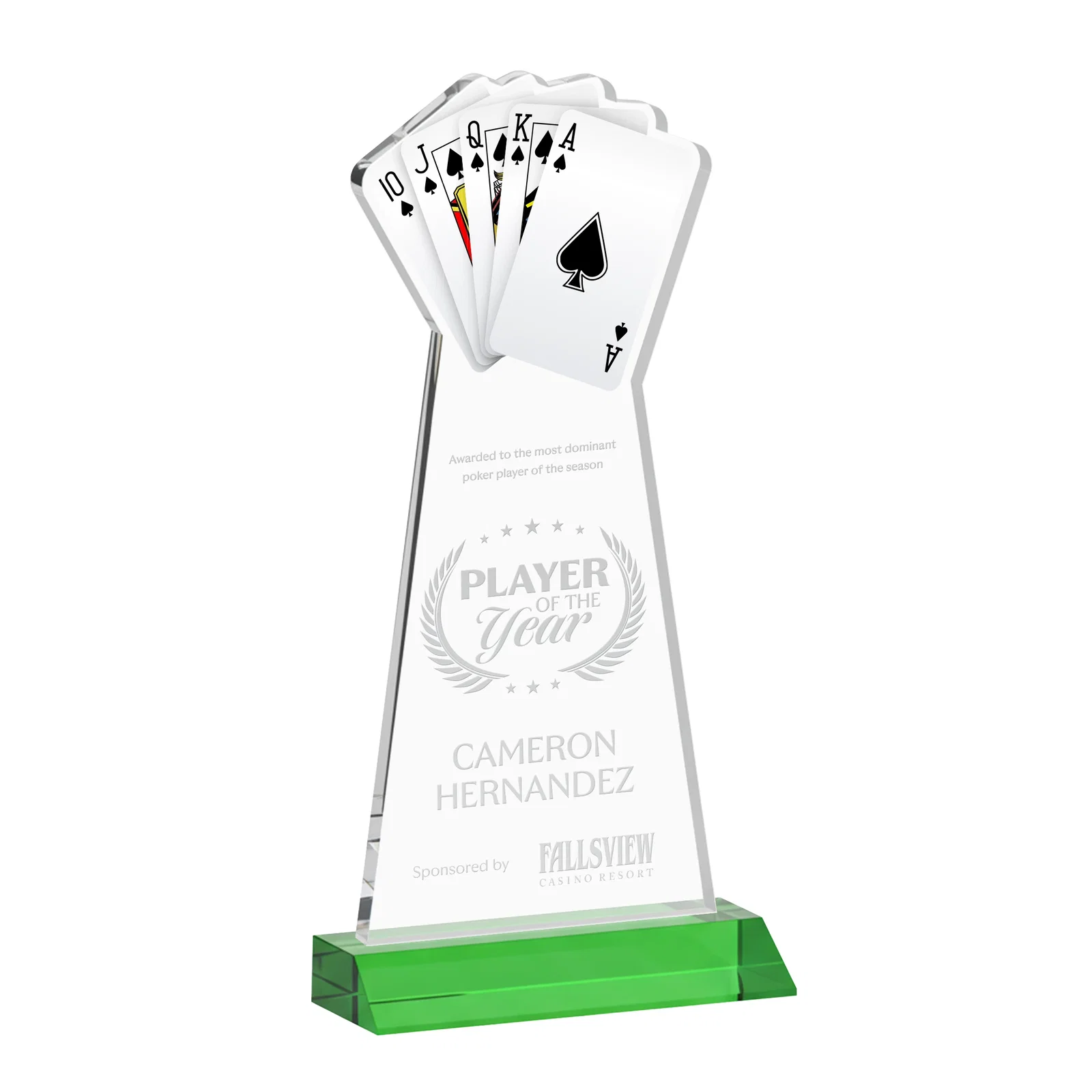 Personalized Starfire Crystal Poker Award With Card Cutout, Mitered Base for employee recognition