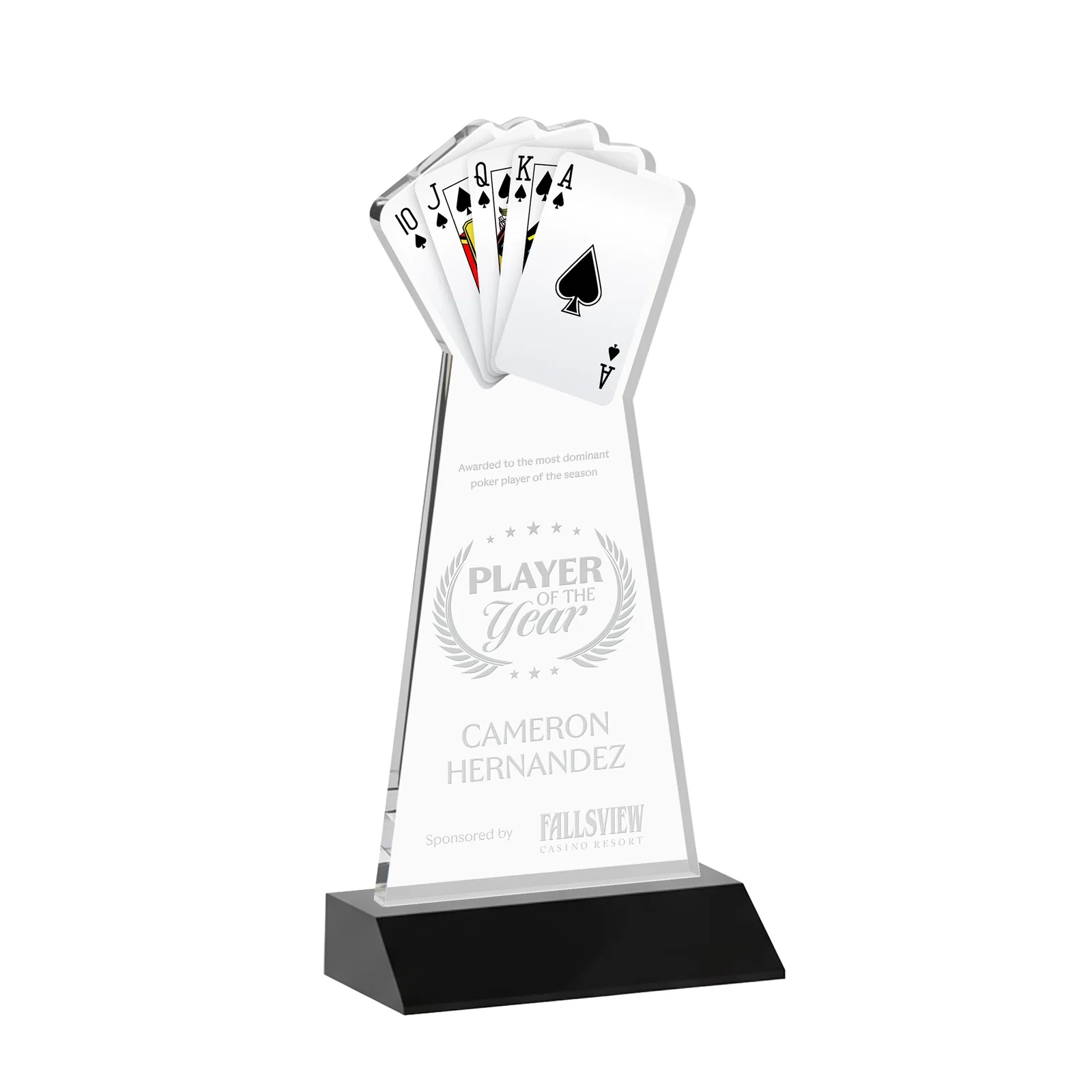 Personalized Starfire Crystal Poker Award With Card Cutout, Mitered Base for service anniversary gifts