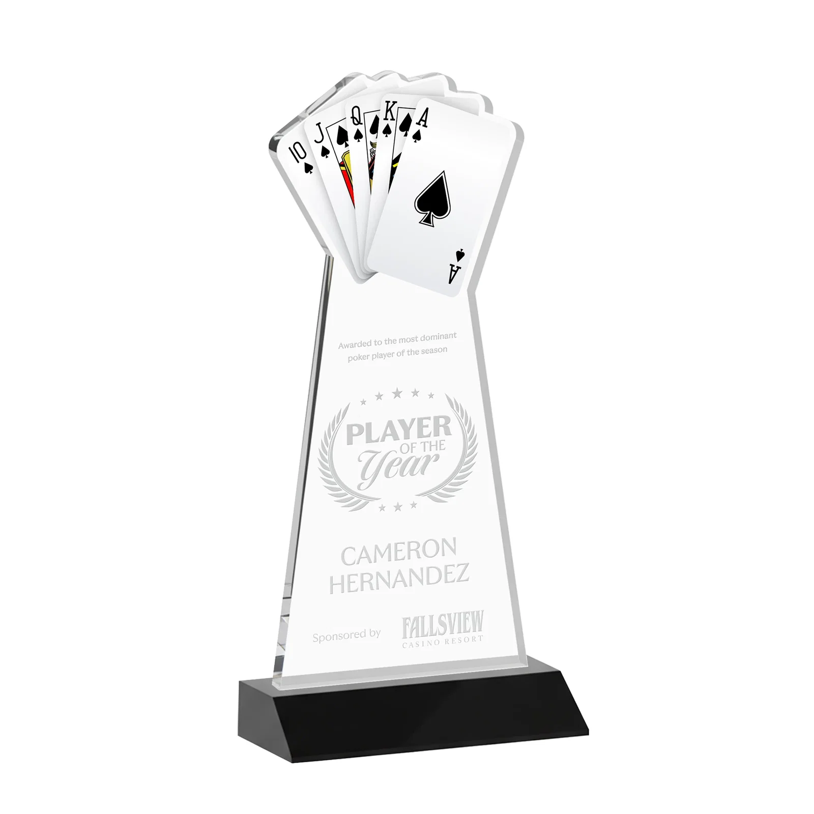 Personalized Starfire Crystal Poker Award With Card Cutout, Mitered Base for sales achievement awards