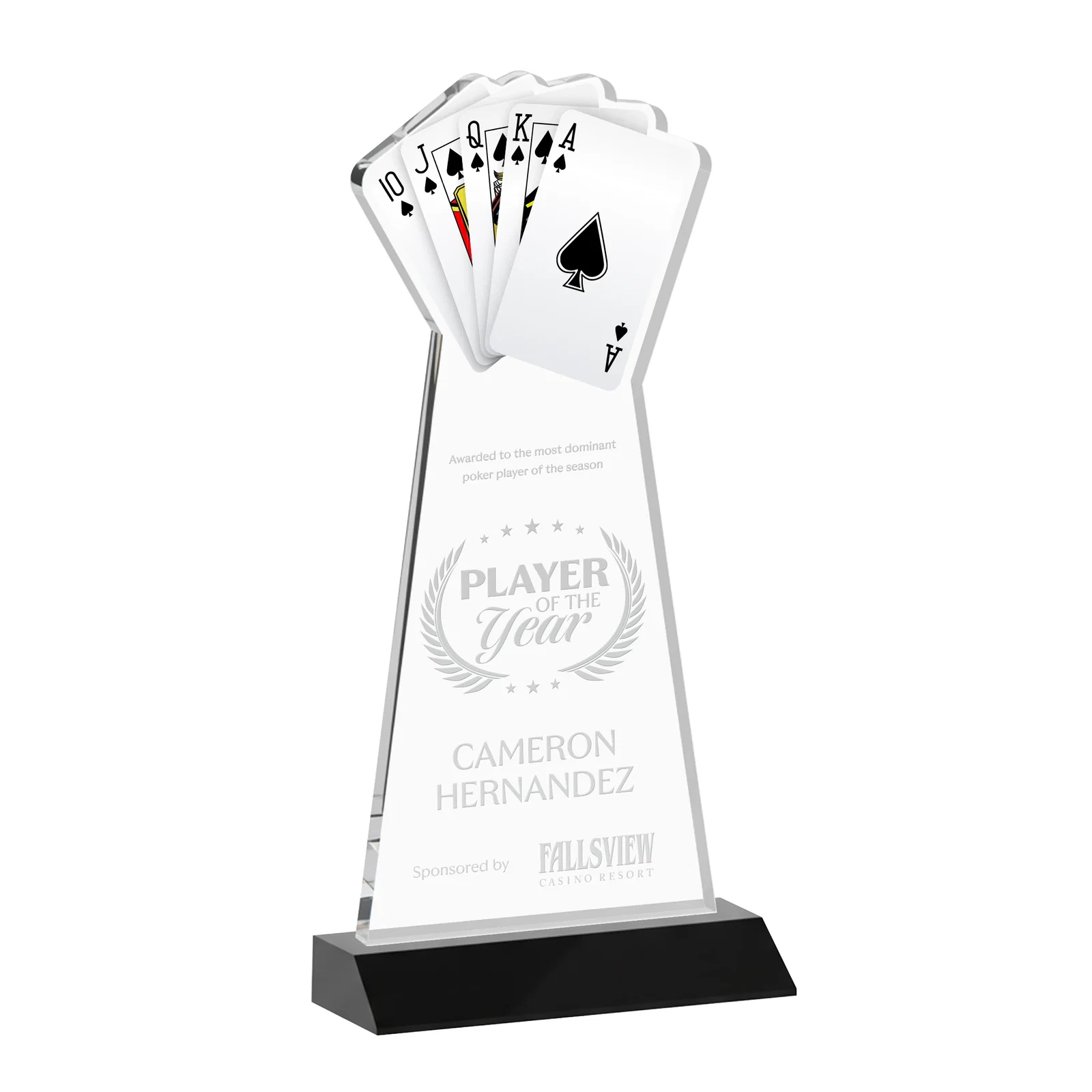 Personalized Starfire Crystal Poker Award With Card Cutout, Mitered Base for retirement presentations