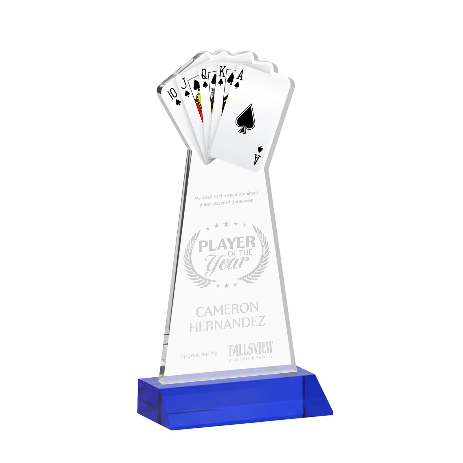 Personalized Starfire Crystal Poker Award With Card Cutout, Mitered Base for donor appreciation