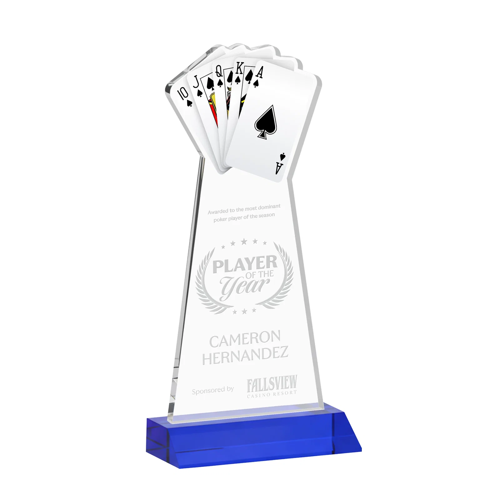 Personalized Starfire Crystal Poker Award With Card Cutout, Mitered Base for graduation ceremonies