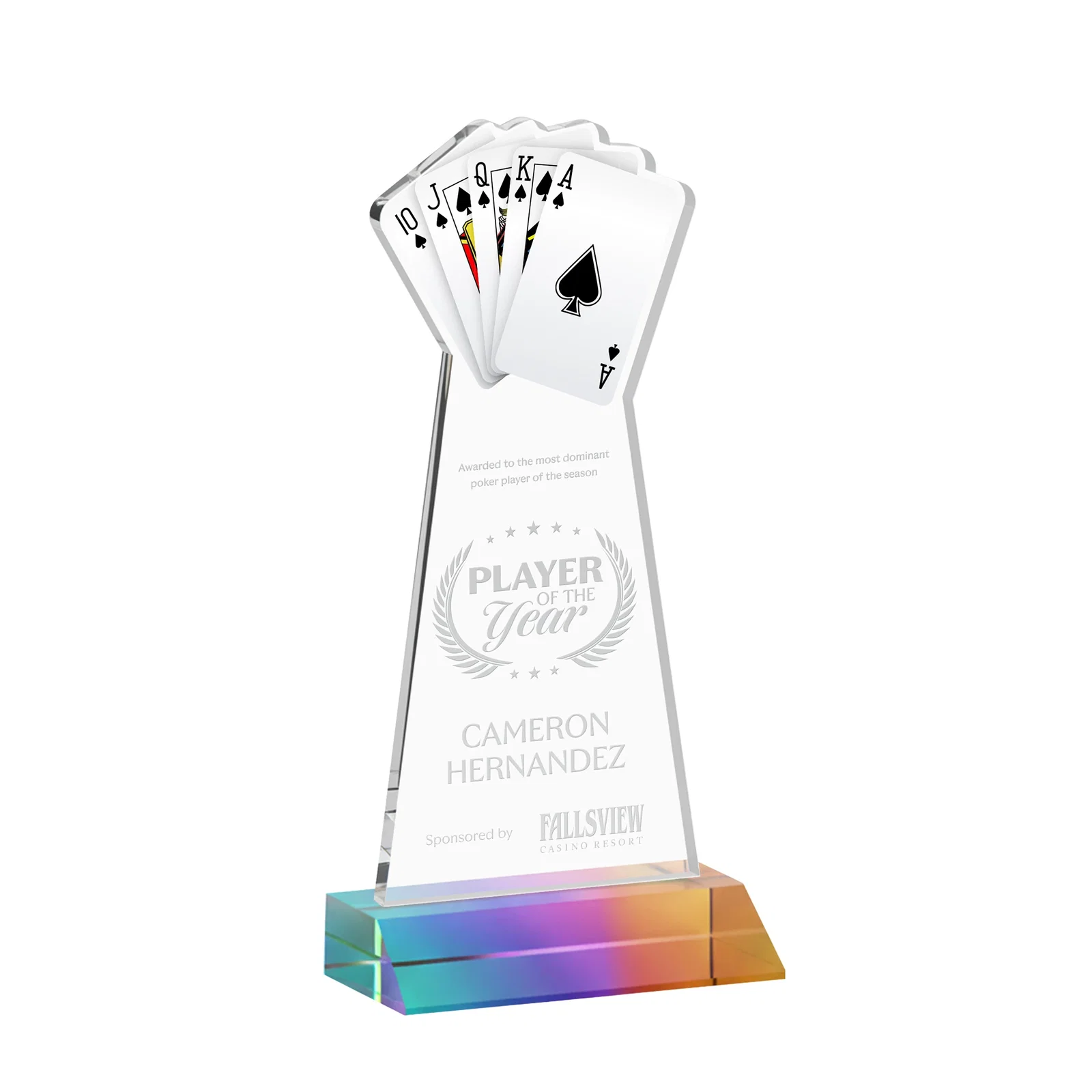 Personalized Starfire Crystal Poker Award With Card Cutout, Mitered Base for dealer and partner awards
